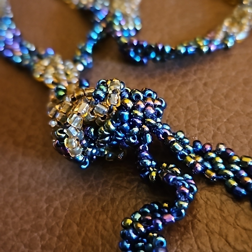 HANDMADE Woven Peacock Glass Seed Beaded Lariat Necklace - Picture 5 of 7